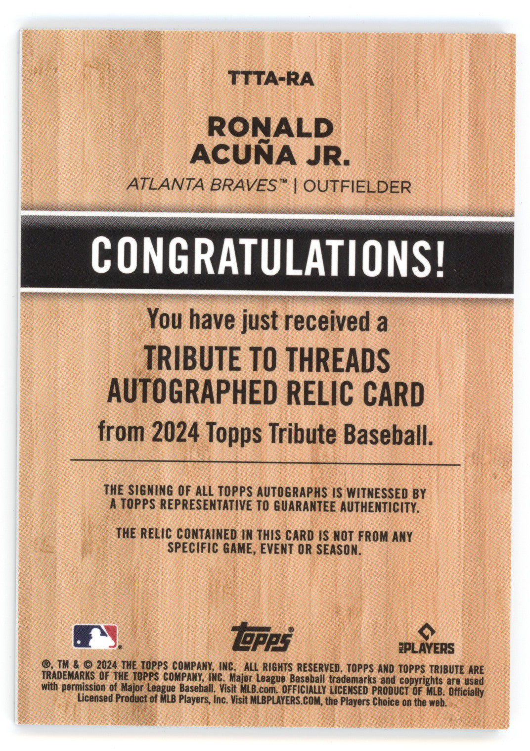 2024 Topps Tribute Autograph Relic Ronald Acuña Jr. #RA Tribute to Threads 68/99