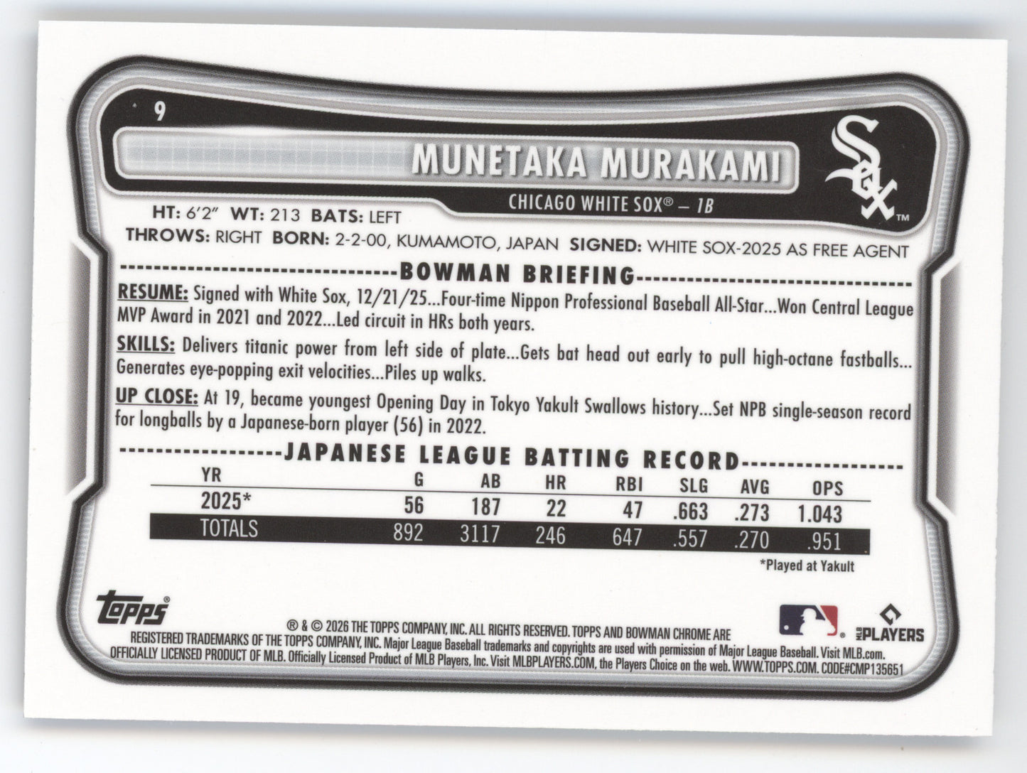 2026 Bowman Chrome Munetaka Murakami #9 Burgundy Mojo RC 071/275