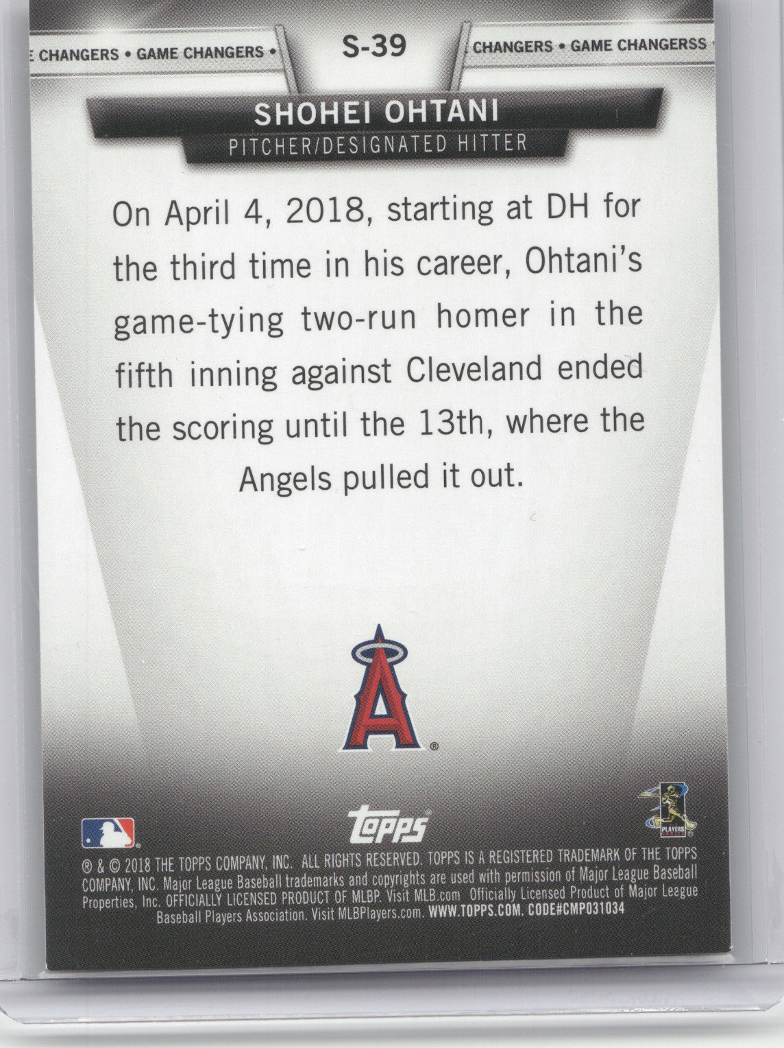 2018 Topps Game Changers Shohei Ohtani #S-39 RC