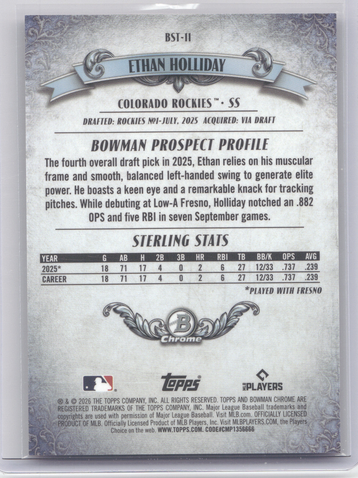 2026 Topps Bowman Sterling Chrome Ethan Holliday #BST-11 Pink Mojo 168/199