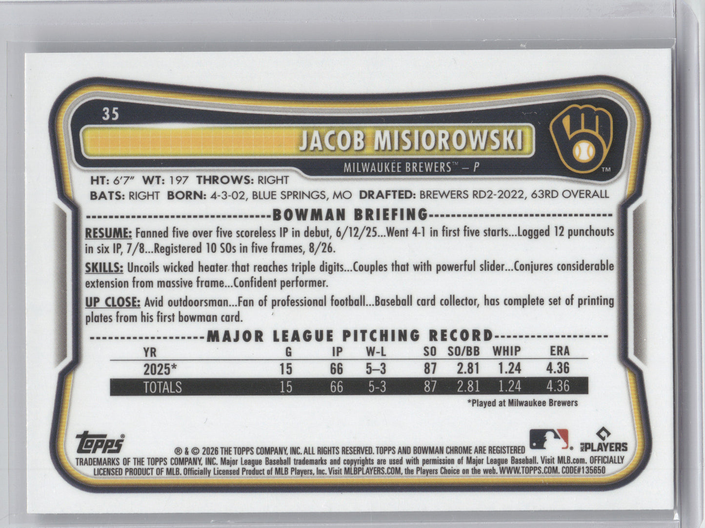 2026 Bowman Chrome Jacob Misiorowski #35 RC