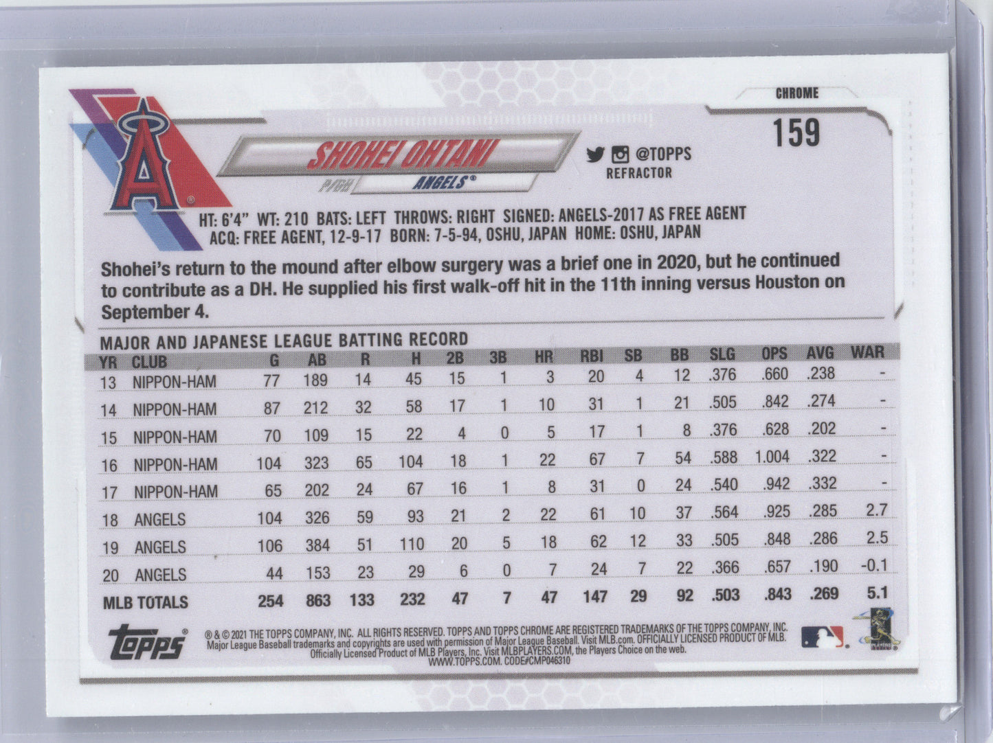 2021 Topps Chrome Shohei Ohtani #159 Refractor
