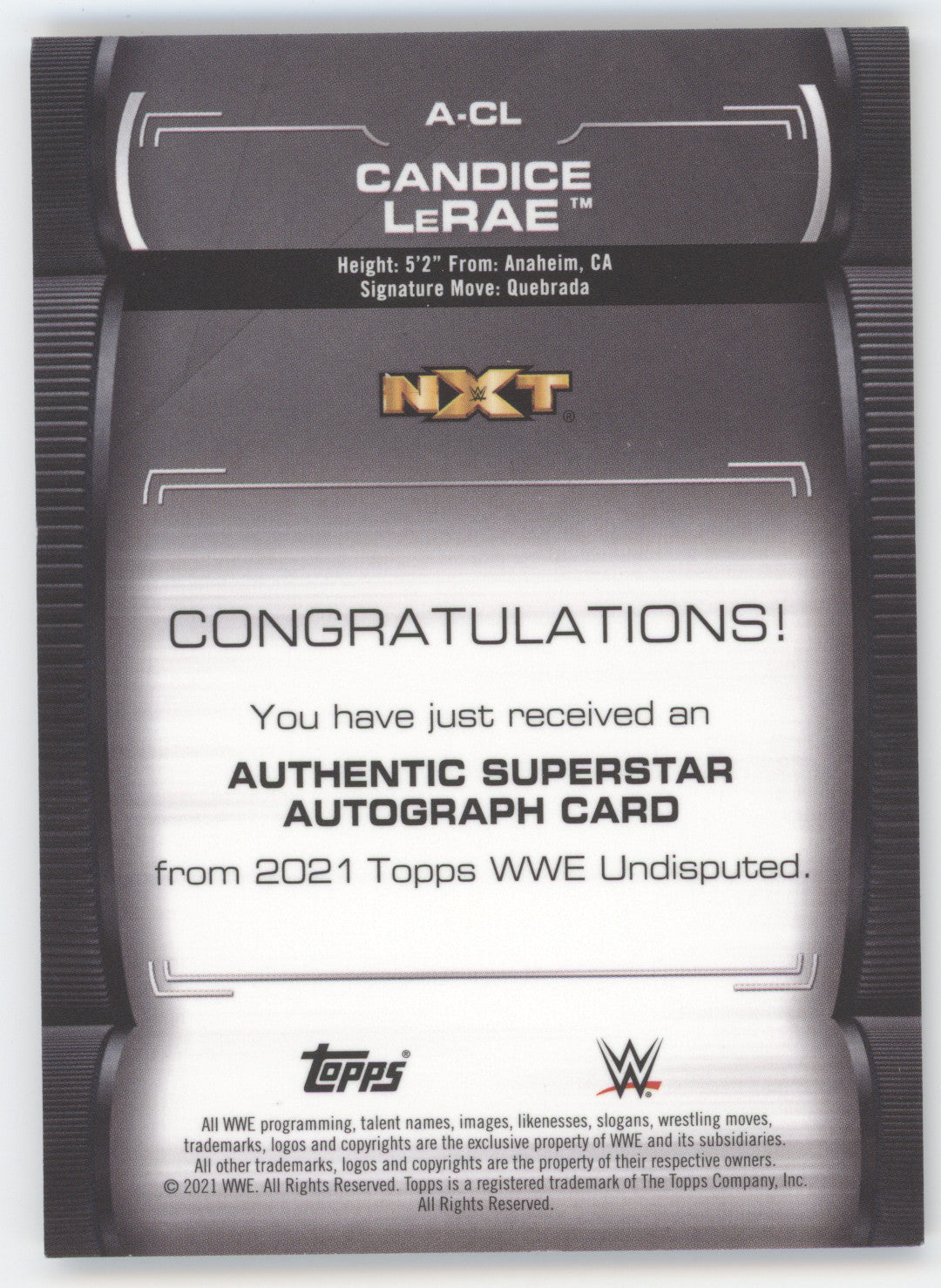 2021 Topps WWE Undisputed Autograph Candice LeRae #A-CL Gold 02/10