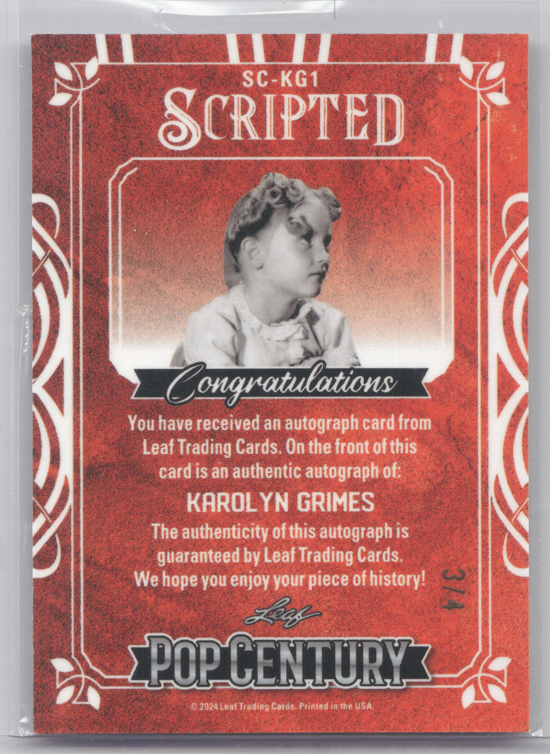 2024 Leaf Pop Century Scripted Karolyn Grimes 3/4 Inscribed #SC-KG1