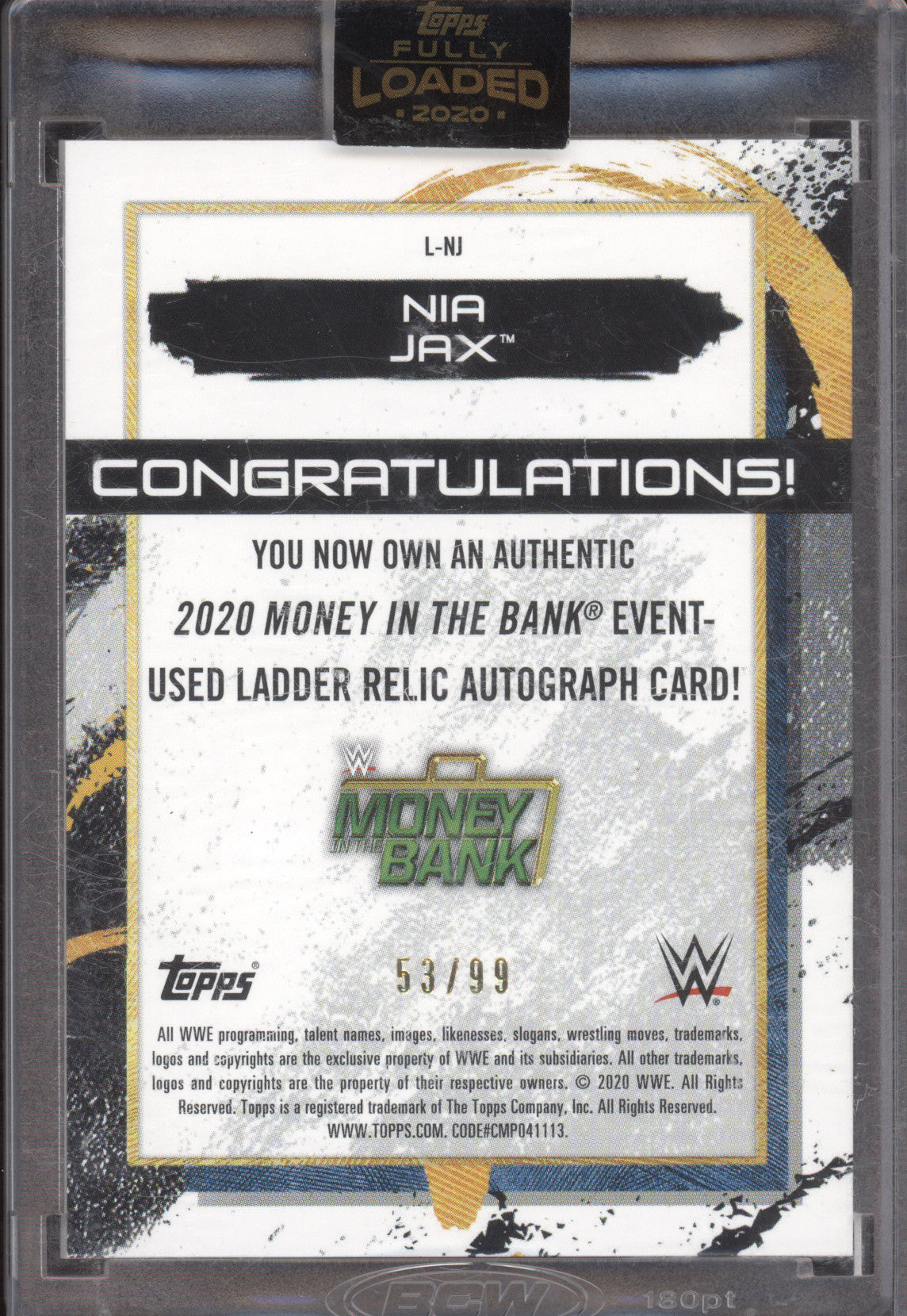 2020 Topps Fully Loaded Nia Jax #NJ Event-Used Ladder Relic Autograph Card 53/99