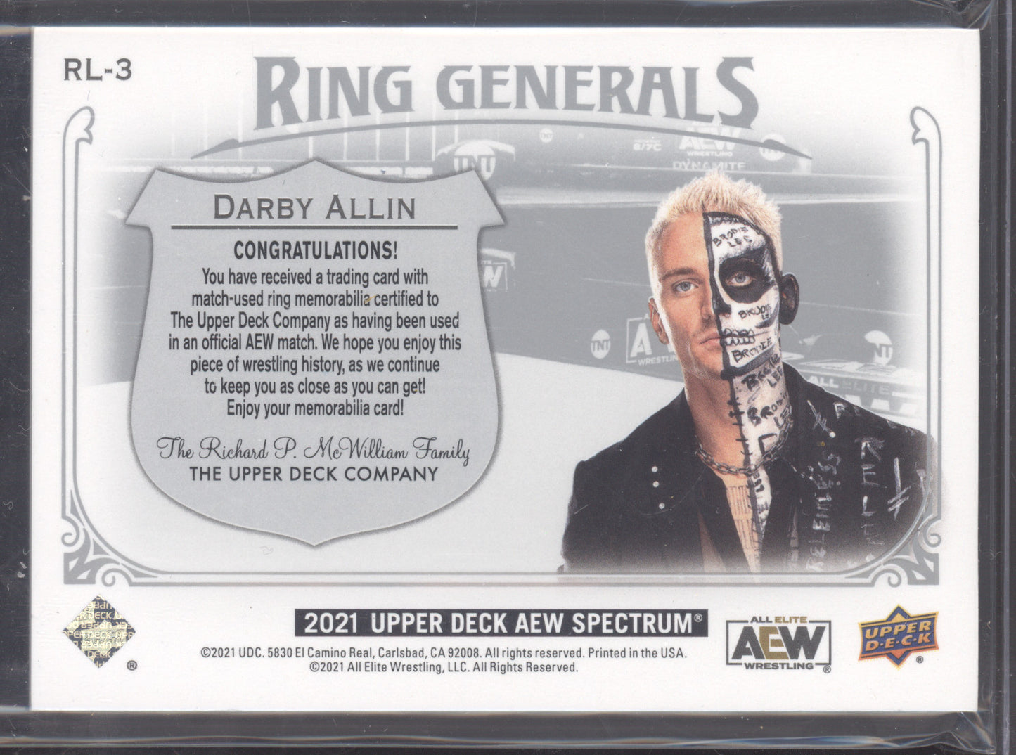 2021 Upper Deck AEW Spectrum Ring Generals Darby Allin #RL-3 26/50 Triple Relic