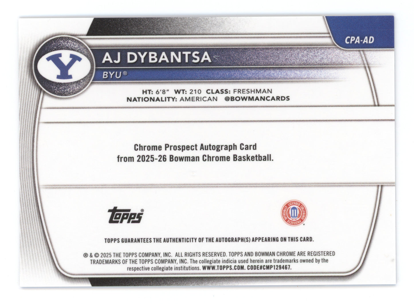 2025 Bowman Chrome U AJ Dybantsa #CPA-AD Blue Mojo Refractor 148/150