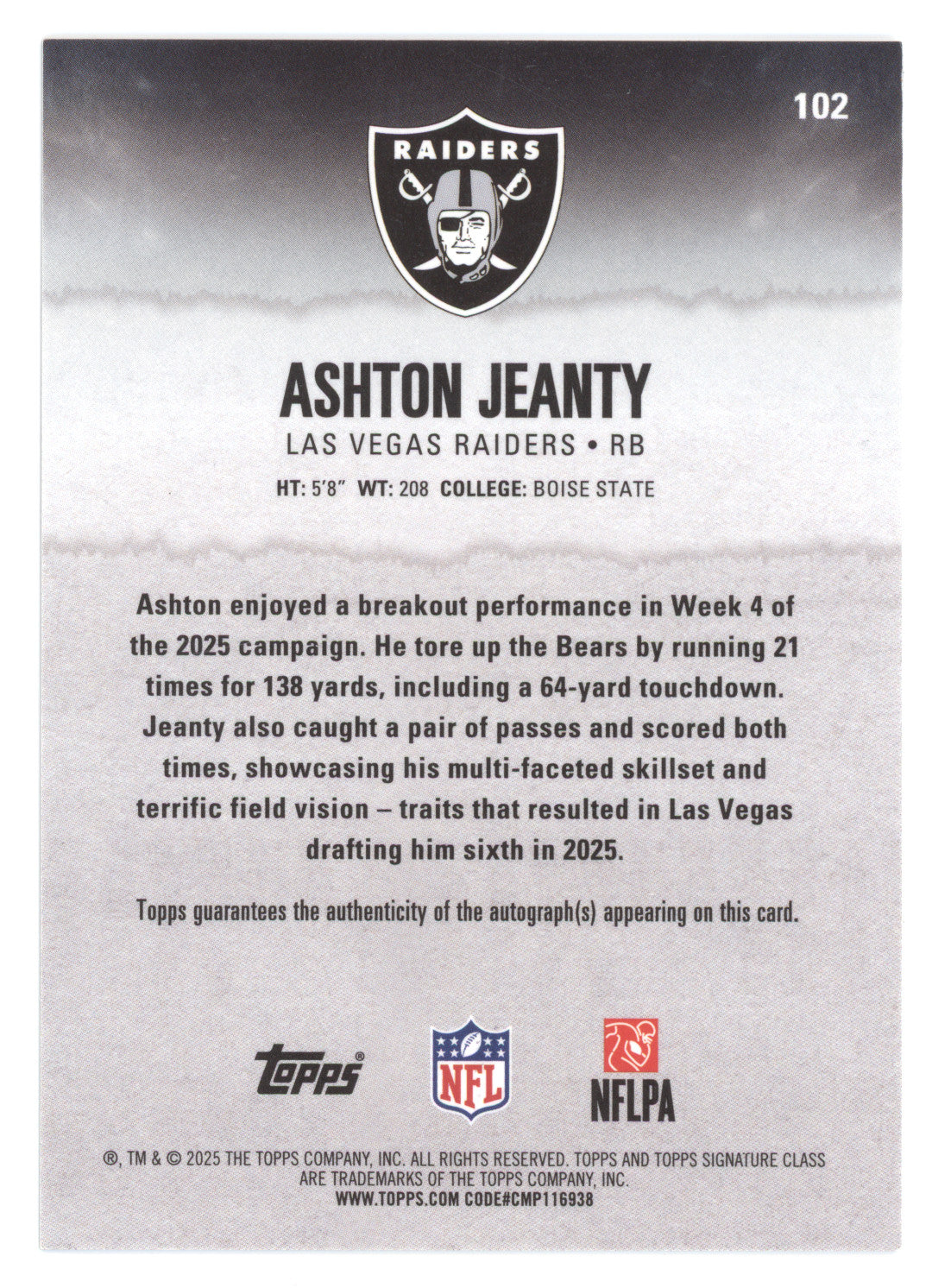 2025 Topps Signature Class Ashton Jeanty #102 Orange Chrome Autograph RC 50/50