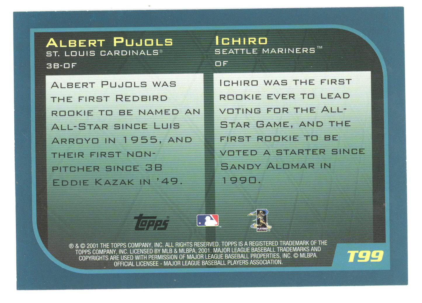 2001 Topps Traded Ichiro Albert Pujols #T99