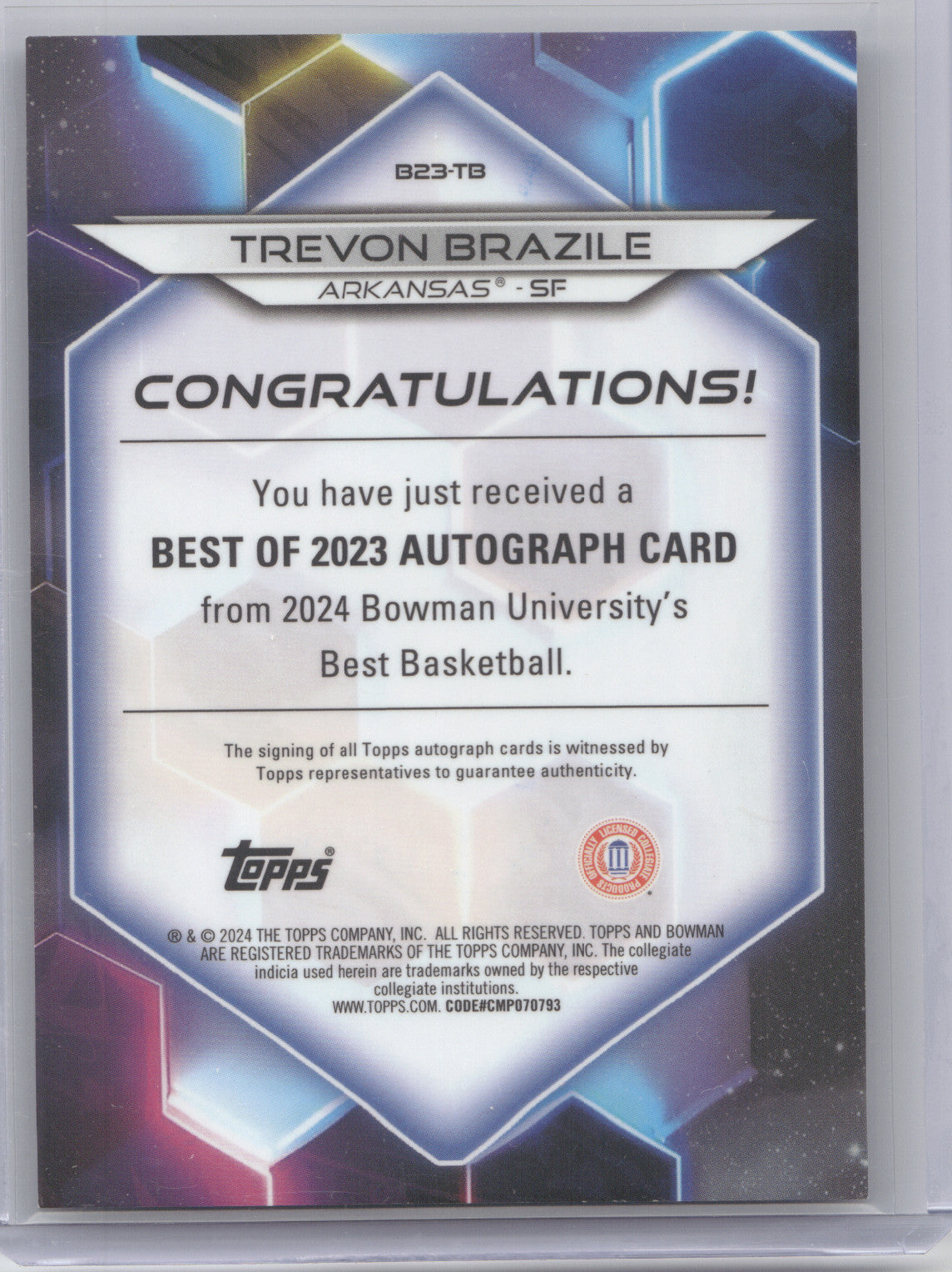 2024 Bowman University Best Basketball Trevon Brazile #TB Gold Geometric 12/50