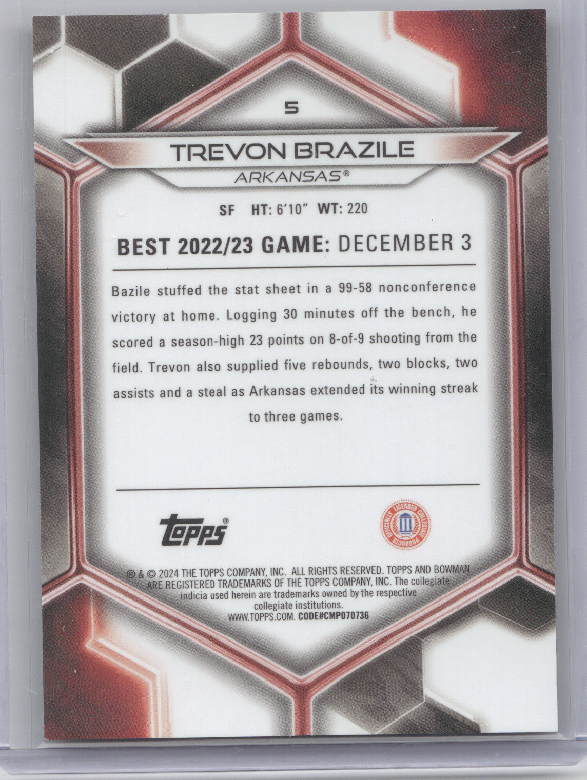 2023 Bowman University Best Trevon Brazile #5 Gold Geometric 44/50