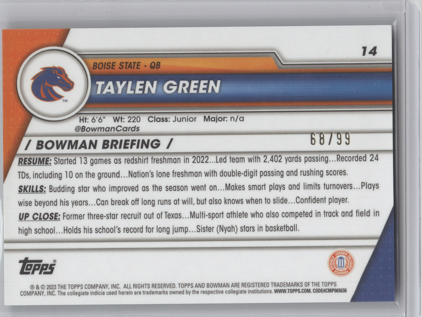 2023 Bowman Chrome University Taylen Green #14 Green Shimmer 68/99 1st Bowman