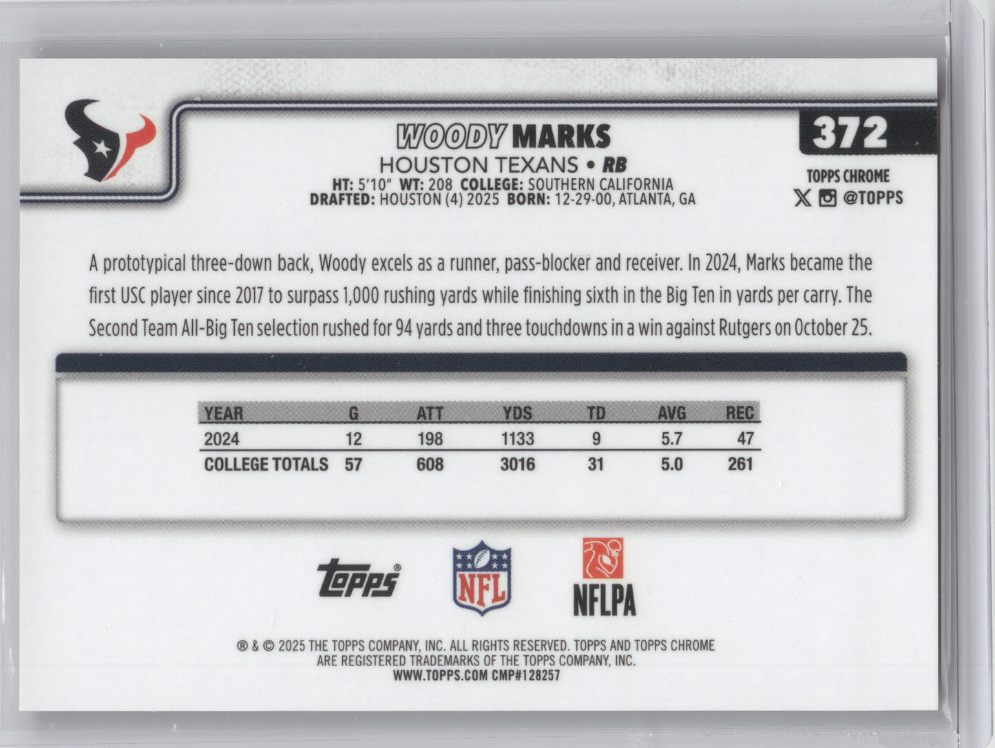 2025 Topps Chrome Woody Marks #372 Orange RC 01/25