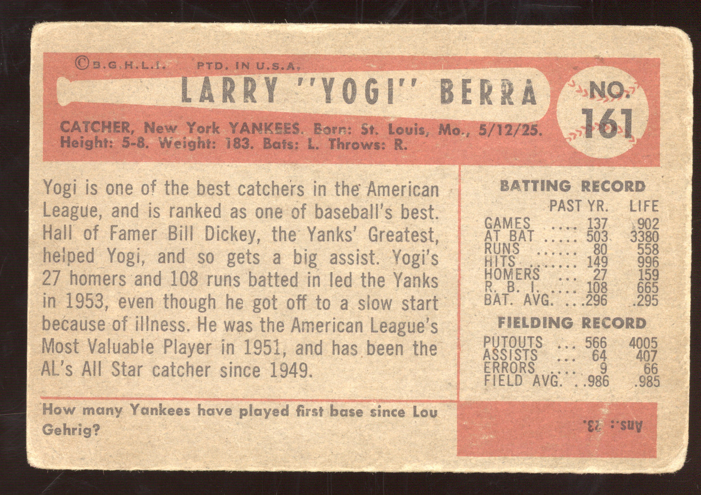 1954 Bowman Yogi Berra #161