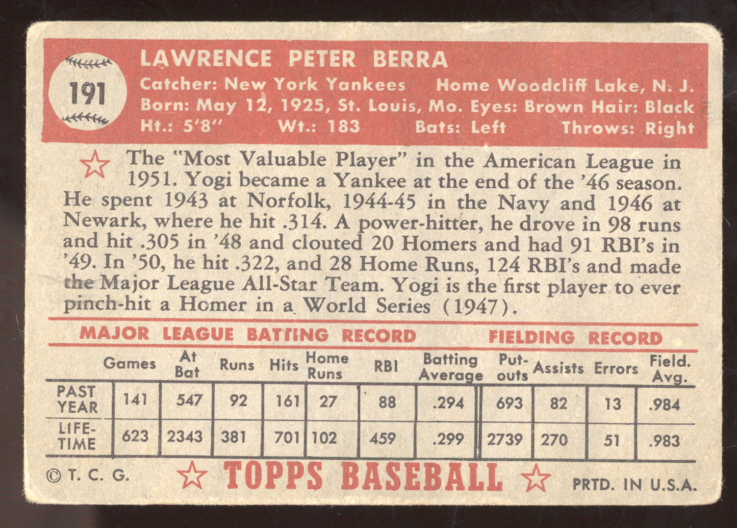 1952 Topps Baseball Yogi Berra #191