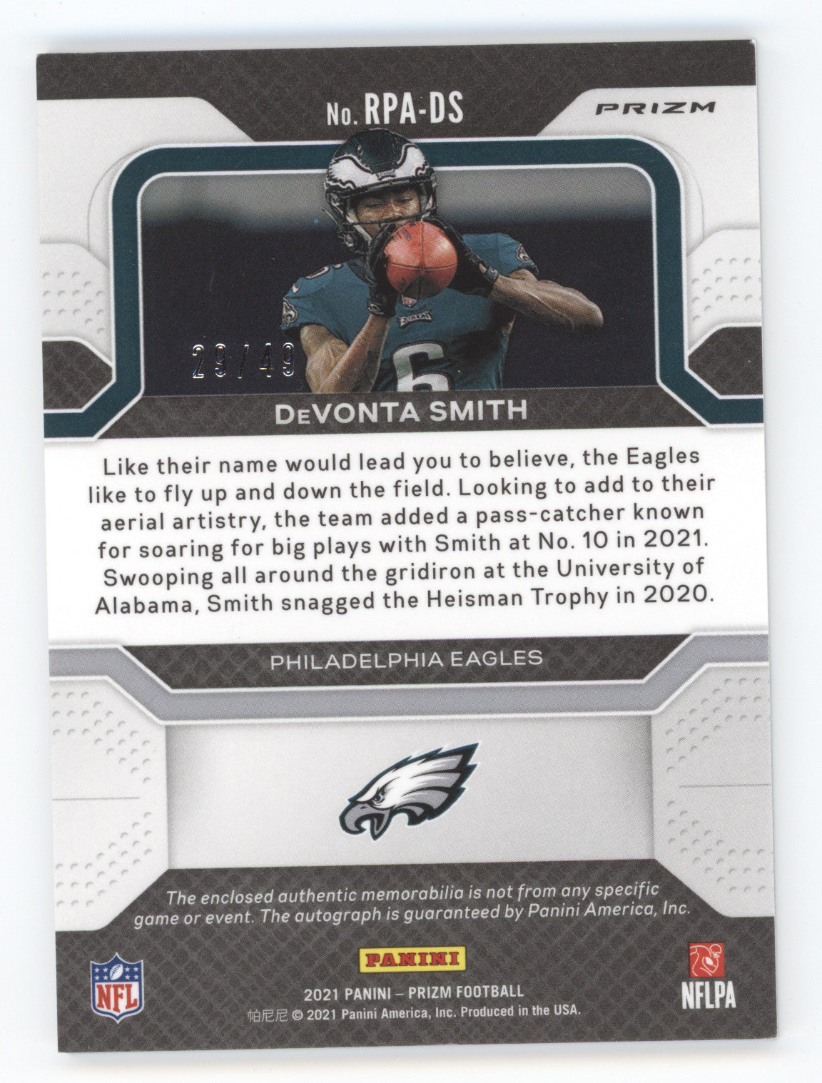 2021 Panini Prizm DeVonta Smith #RPA-DS Purple Checkerboard 29/49 Patch RC