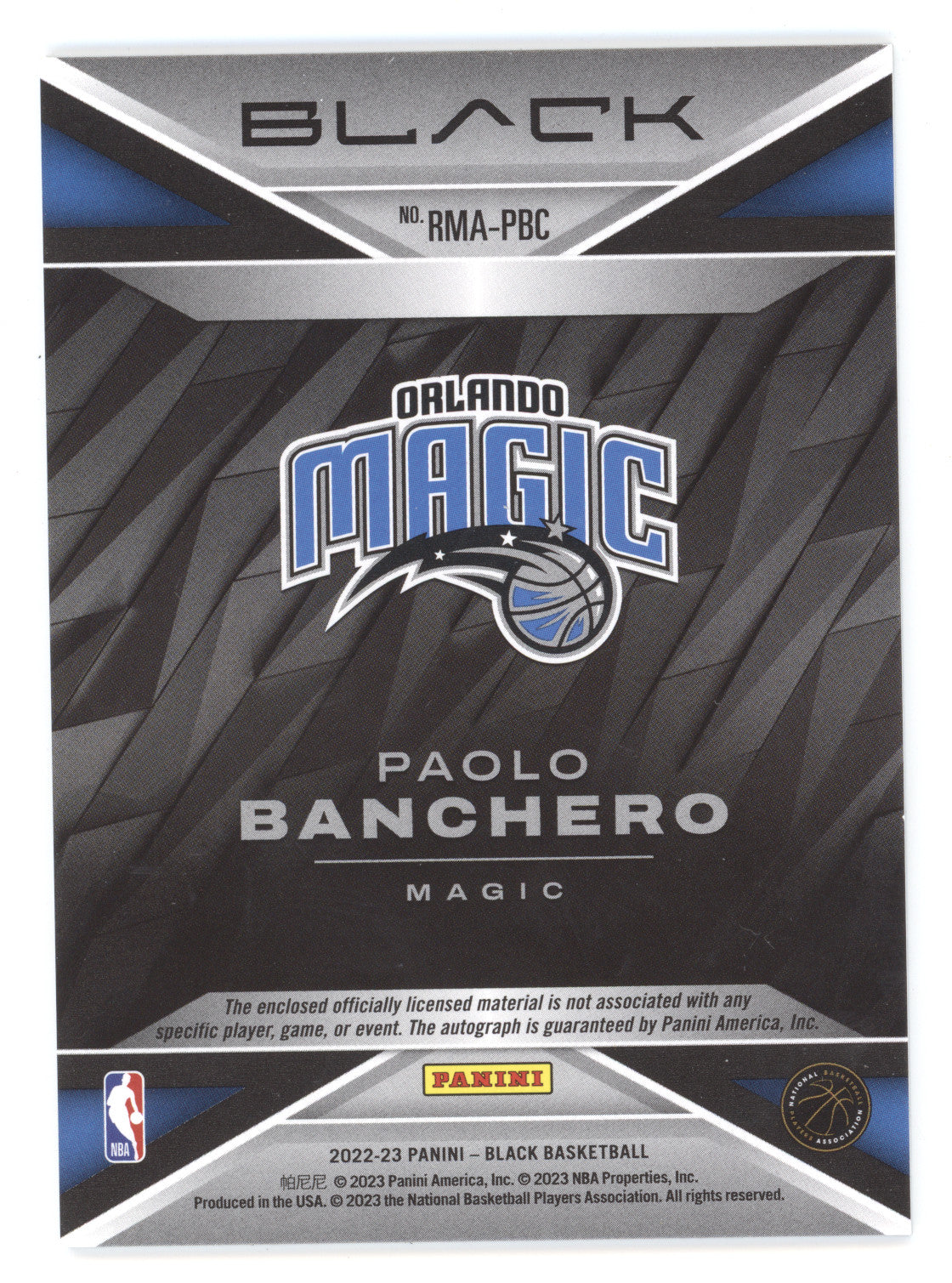 2022 Panini Black Rookie Memorabilia Autographs Paolo Banchero #RMA-PBC 14/25