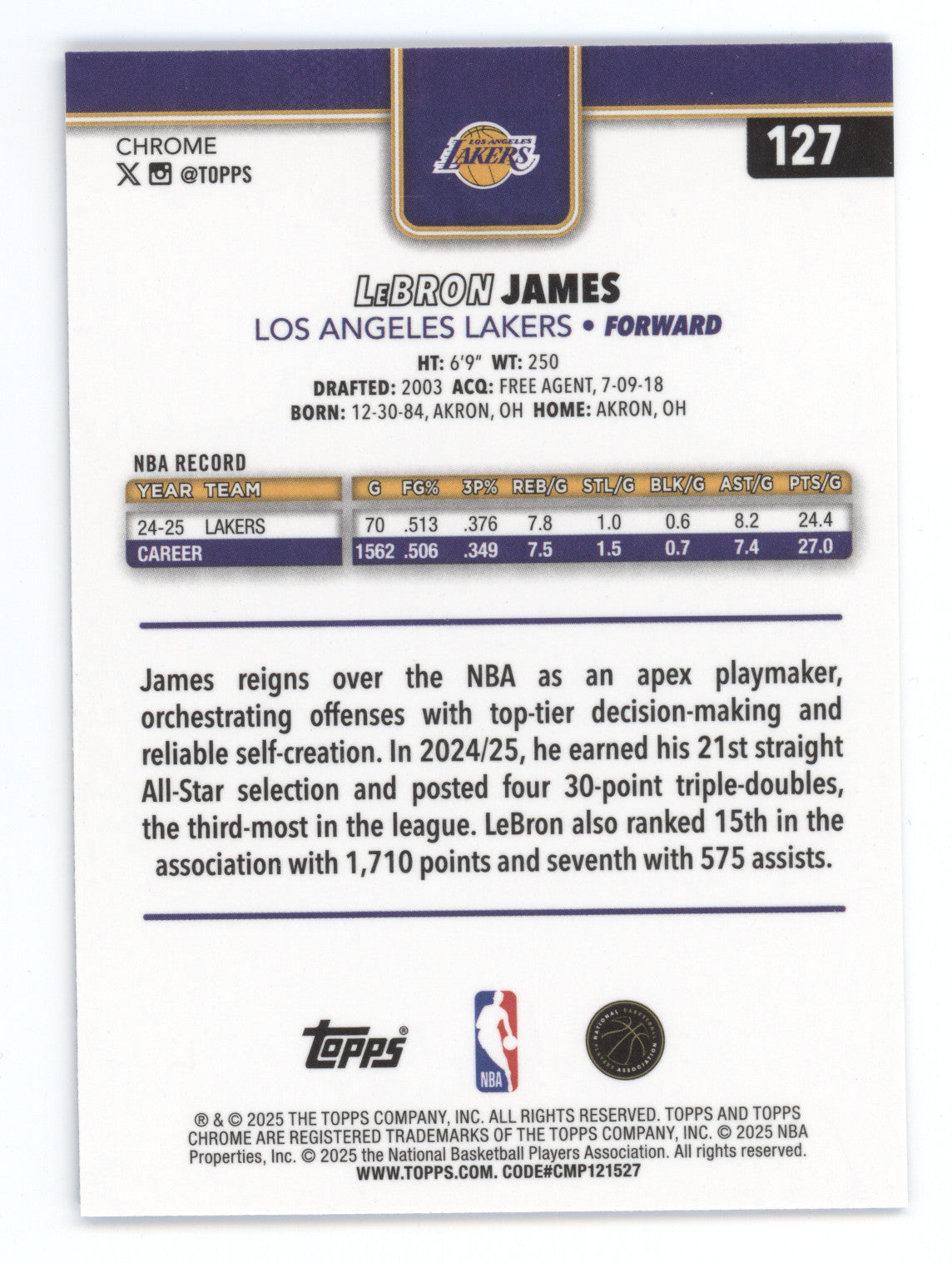 2025 Topps Chrome LeBron James #127 Blue Sapphire