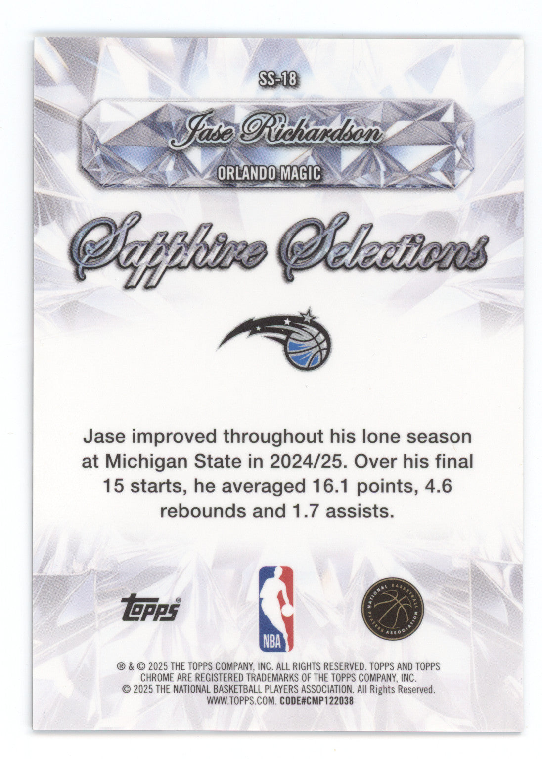 2025 Topps Chrome Sapphire Selections Jase Richardson #SS-18 Red RC 02/10
