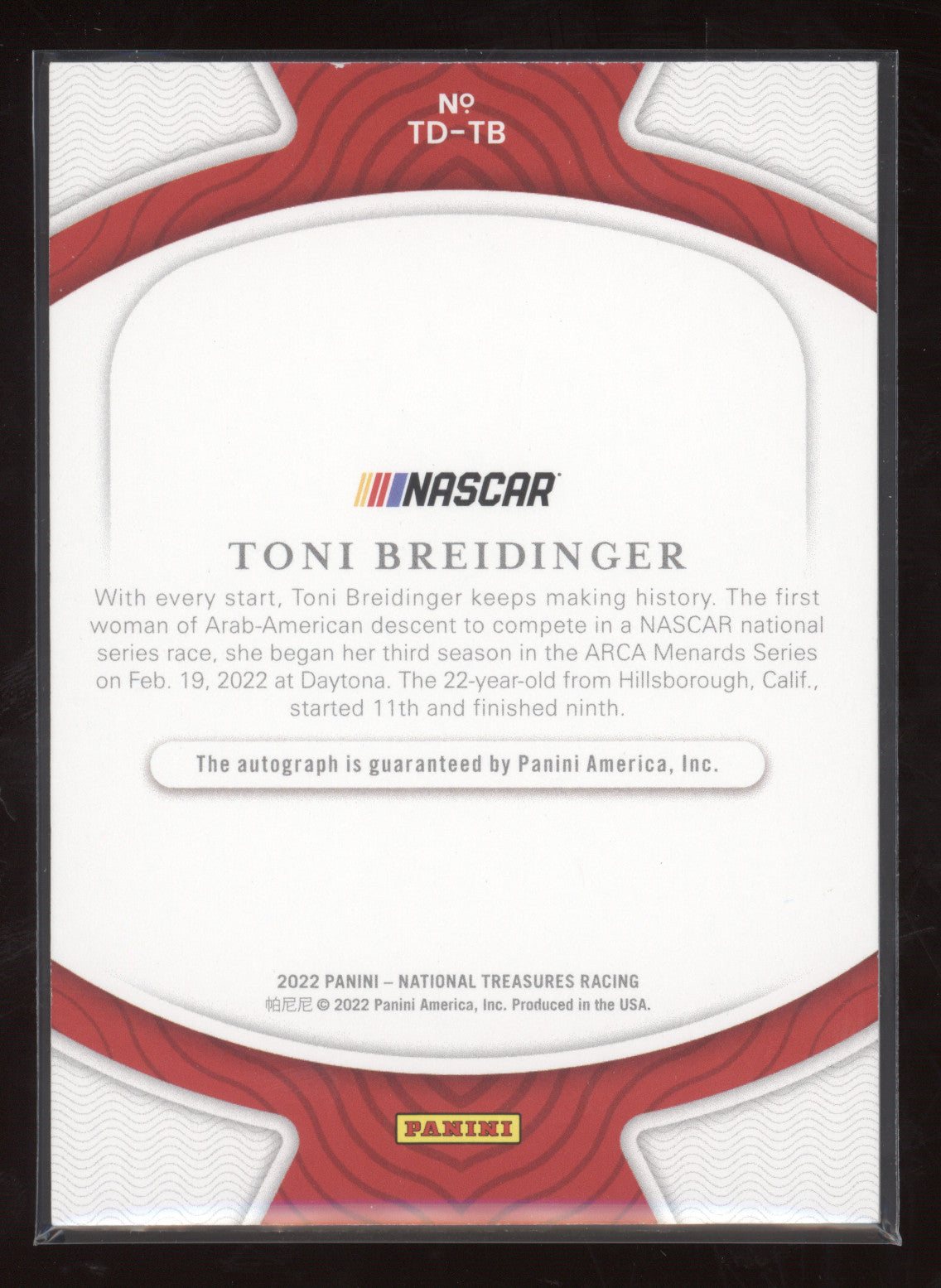 2022 Panini National Treasures Treasured Debuts Toni Breidinger #TD-TB 07/10