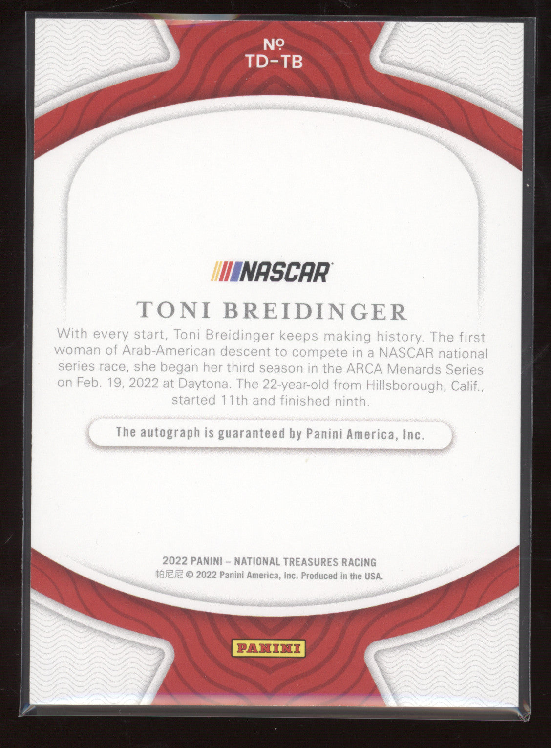 2022 Panini National Treasures Treasured Debuts Toni Breidinger #TD-TB 06/10