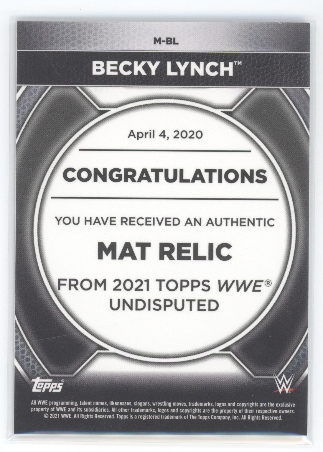 2021 Topps WWE Undisputed Becky Lynch #M-BL 70/99 Authentic Mat Relic