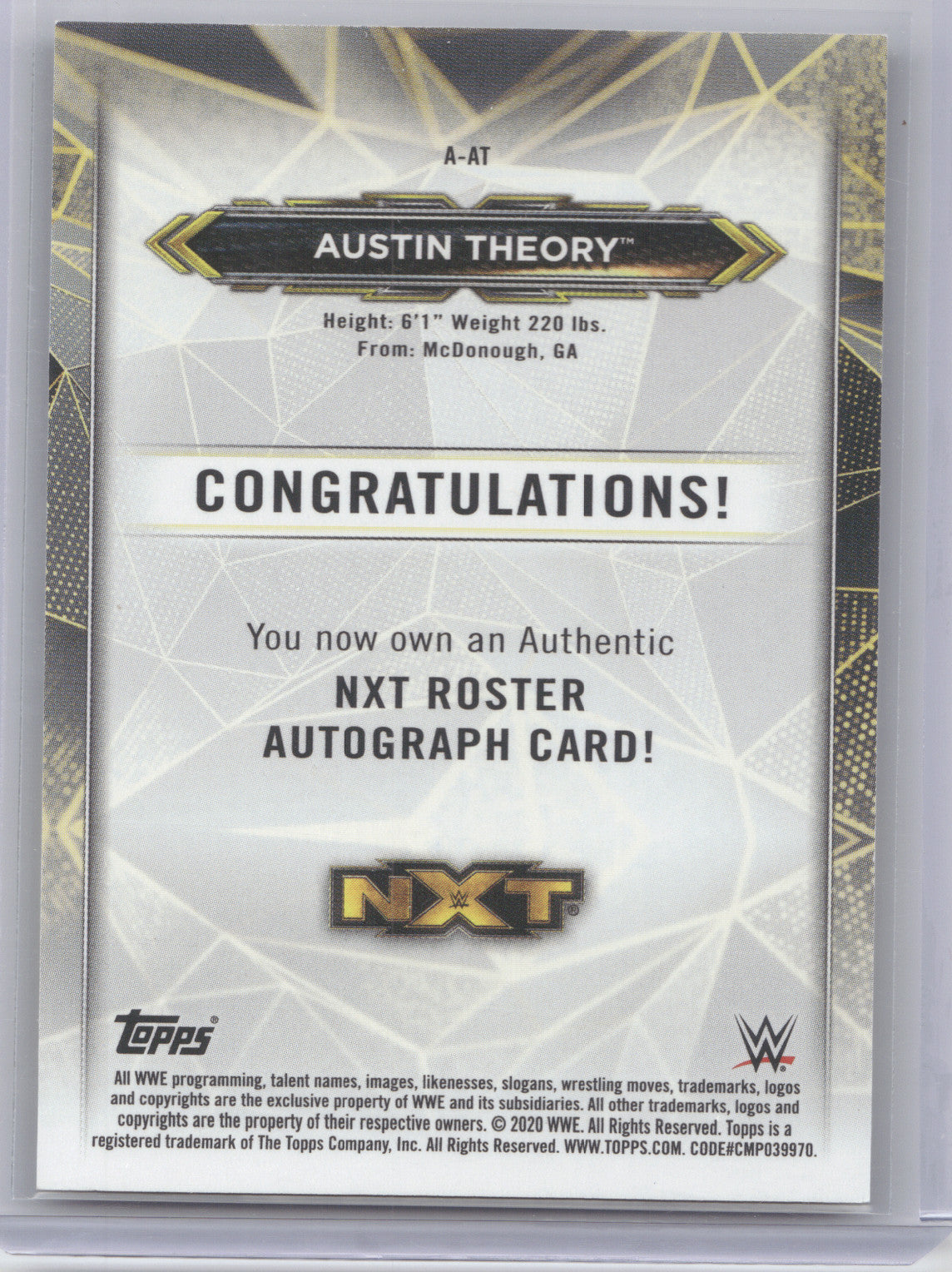 2020 Topps NXT Roster Autograph Austin Theory #A-AT 16/25 RC