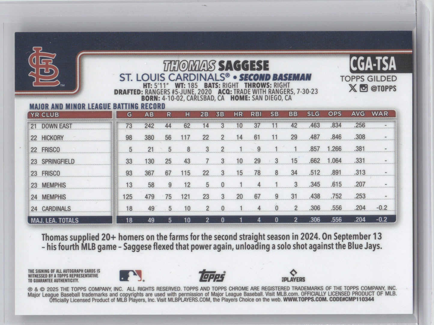 2025 Topps Chrome Gilded Collection Thomas Saggese #TSA Autograph Orange 02/25