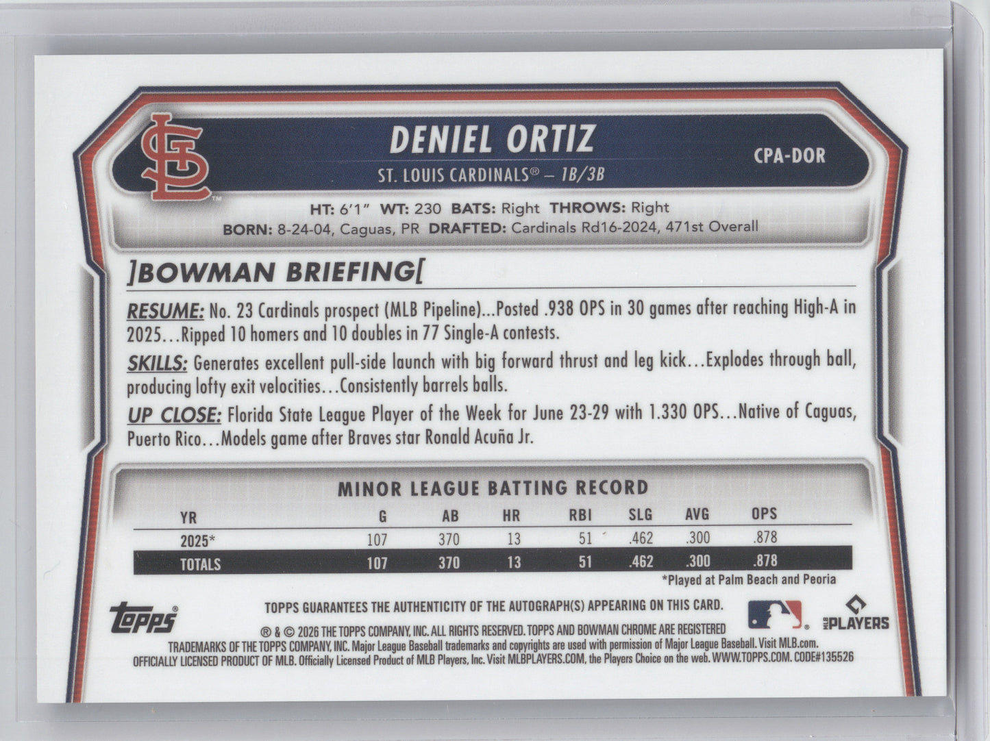 2026 Bowman Chrome Prospect Autograph Deniel Ortiz #DOR Purple 103/250 1stBowman