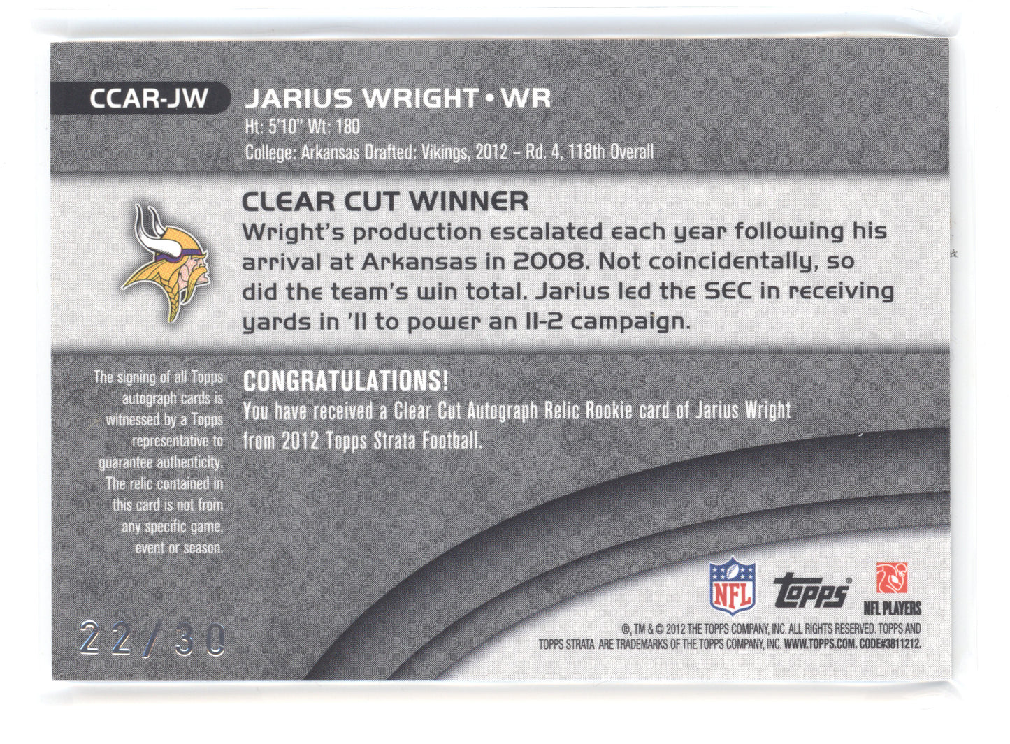 2012 Topps Strata Clear Cut Jarius Wright #CCARJW 22/30 Autograph Relic Patch RC