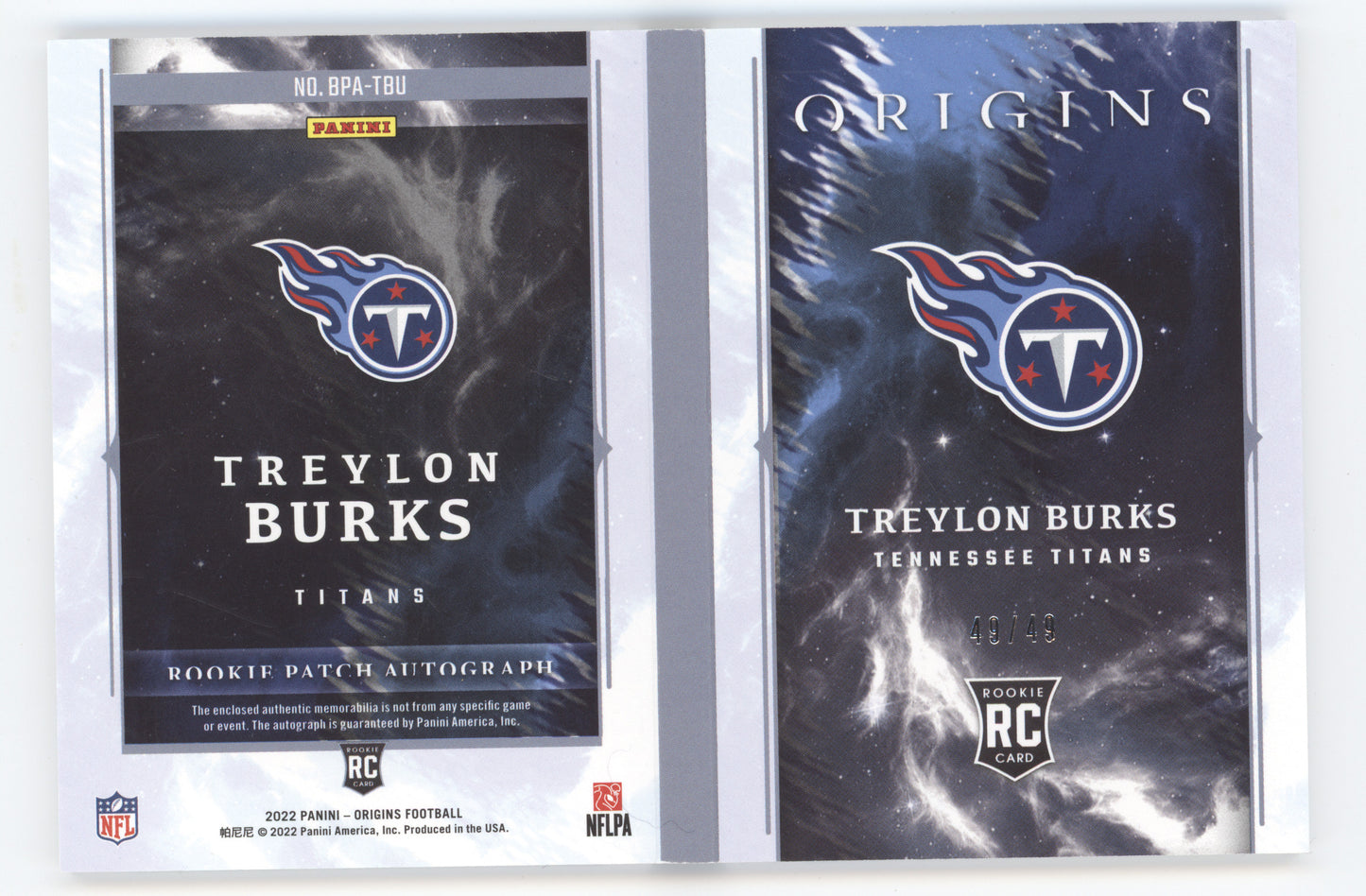 2022 Panini Origins Treylon Burks #RPA-TBU 49/49 Rookie Patch Autograph RC
