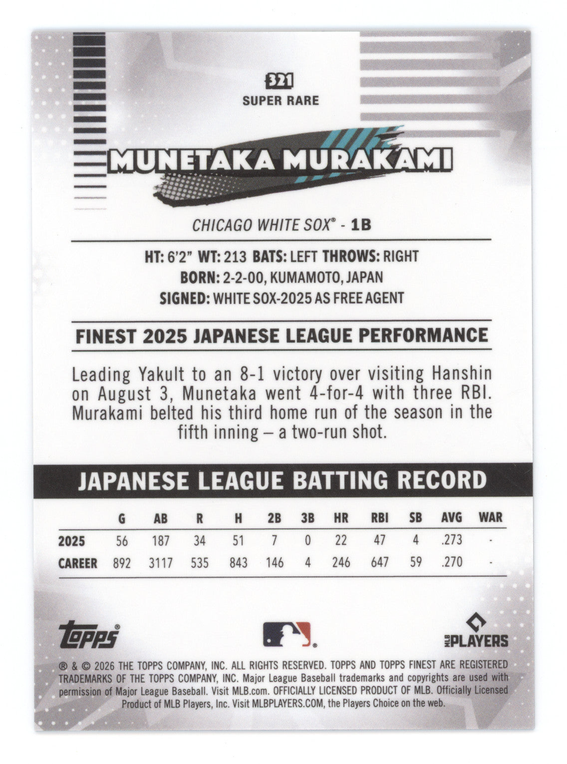 2026 Topps Finest Munetaka Murakami #321 Super Rare RC