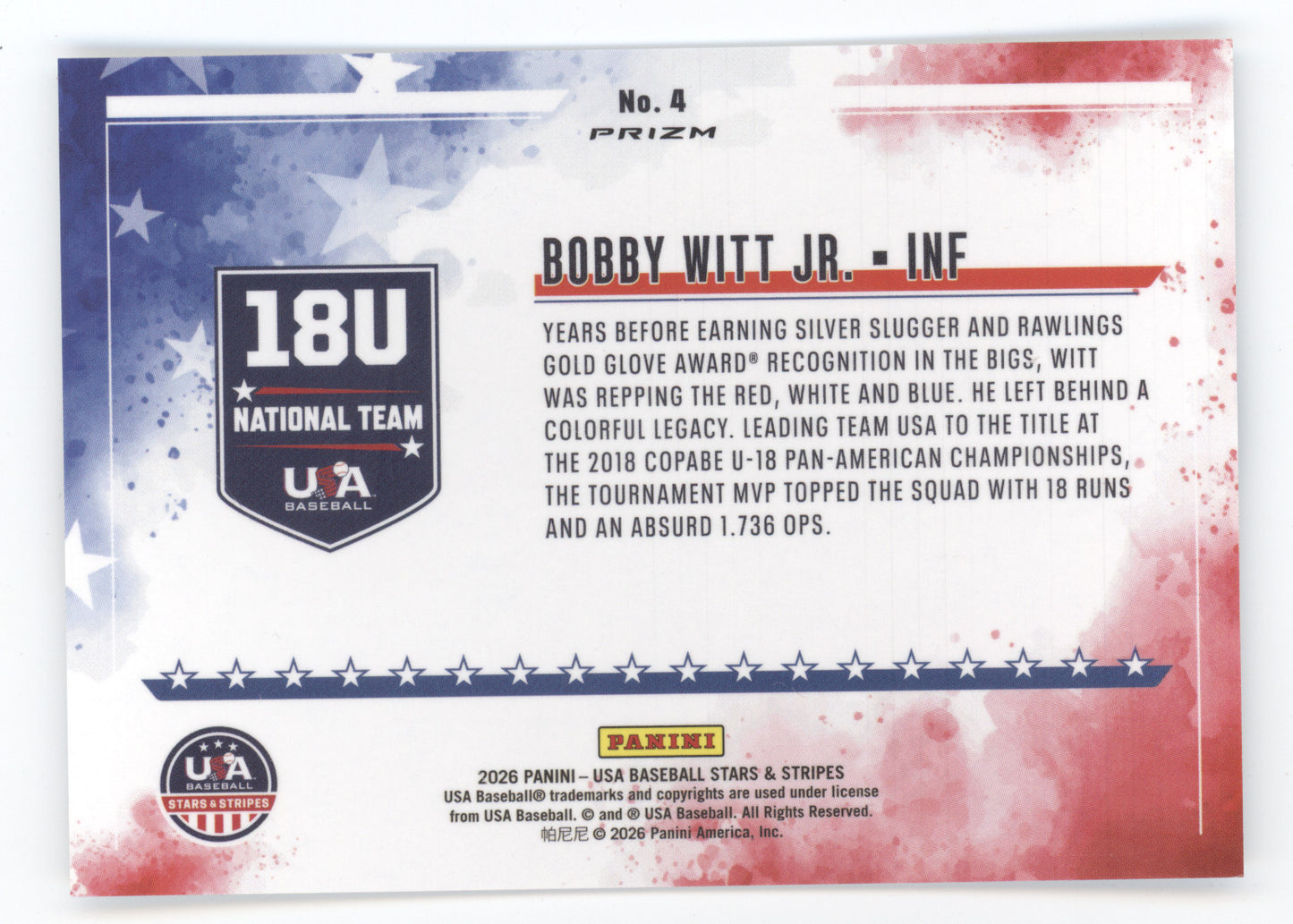 2026 Panini USA Baseball Stars & Stripes Prizm Bobby Witt Jr. #4 Color Blast