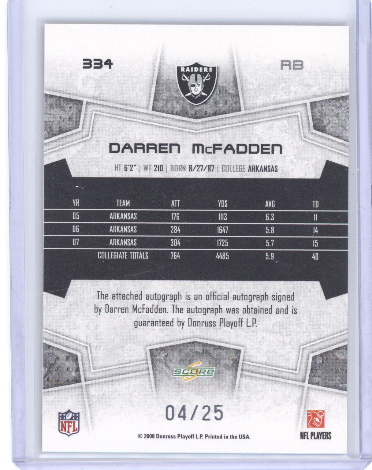 2008 Score Select Red Zone Darren McFadden #334 04/25