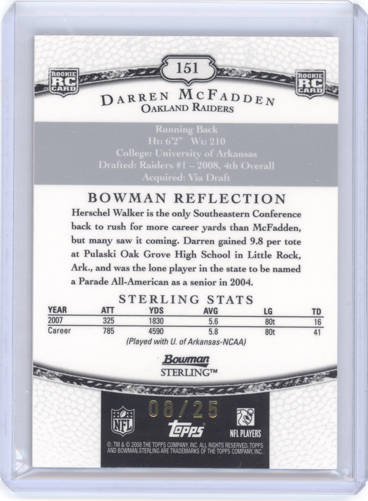 2008 Bowman Sterling Signatures Darren McFadden #151 08/25 RC