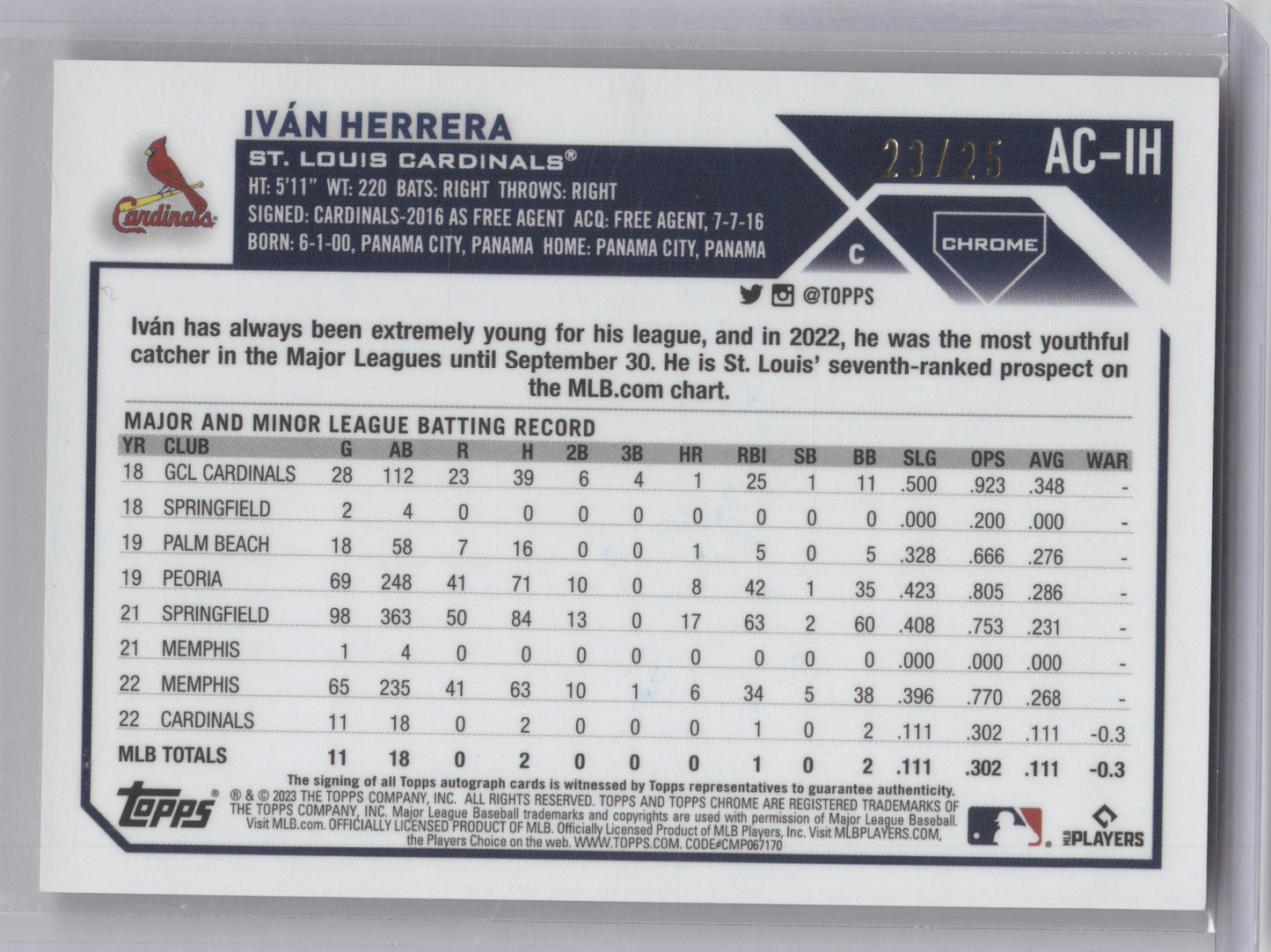 2023 Topps Chrome Iván Herrera #AC-IH Autograph Orange 23/25 RC