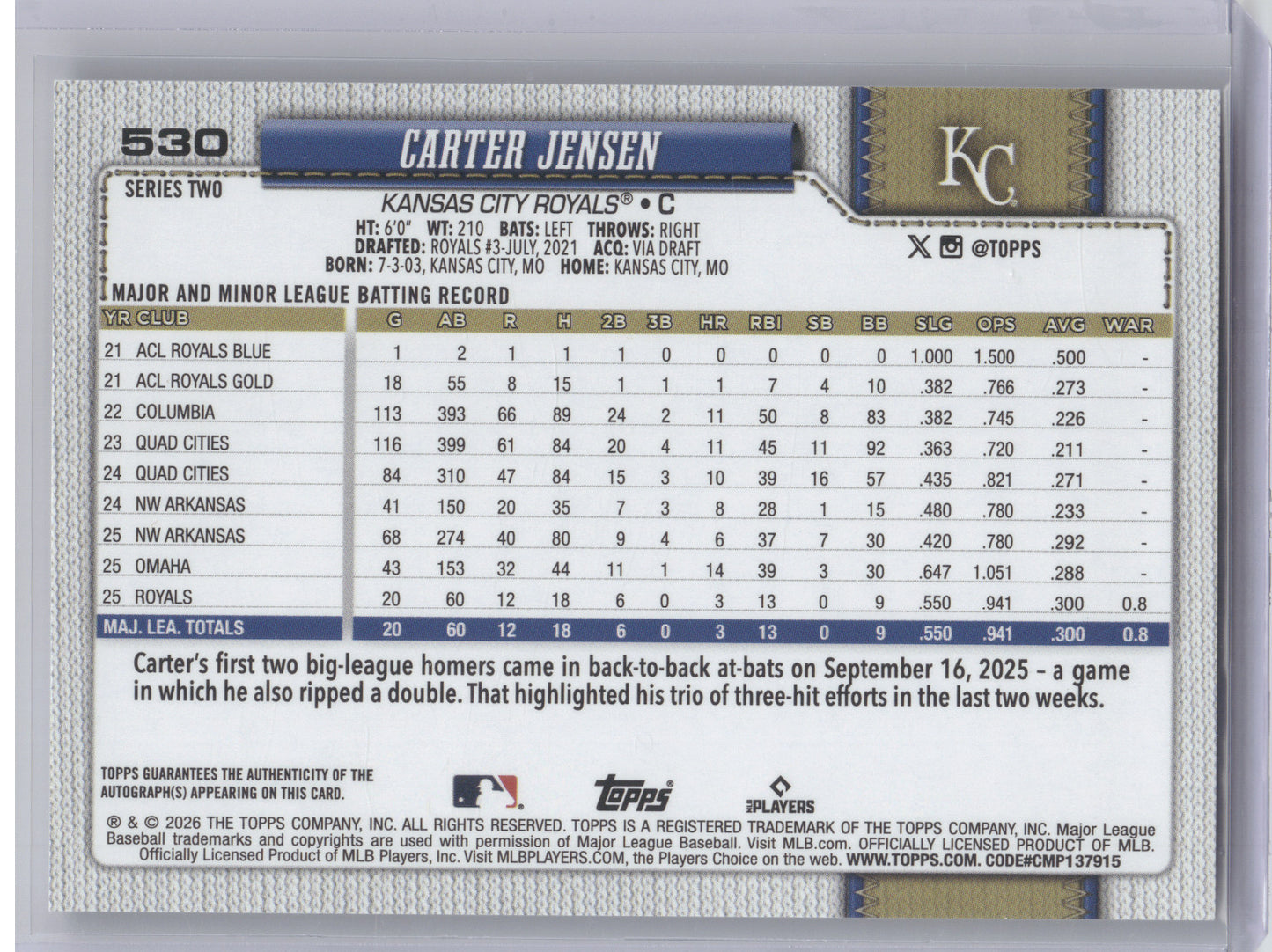 2026 Topps Series Two Autograph Carter Jensen #530 RC