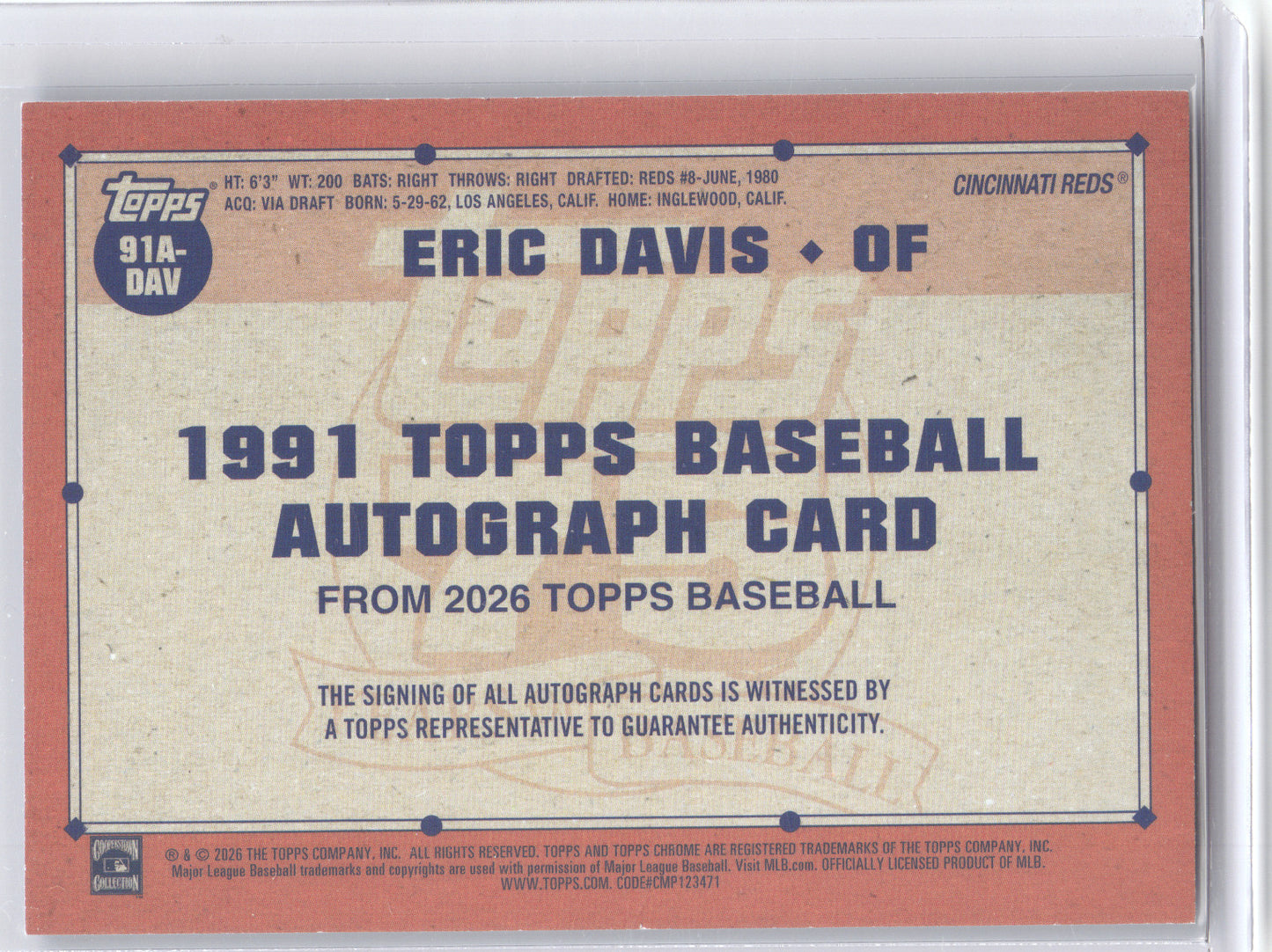 2026 Topps 1991 Autograph Eric Davis #91A-DAV Blue 113/150