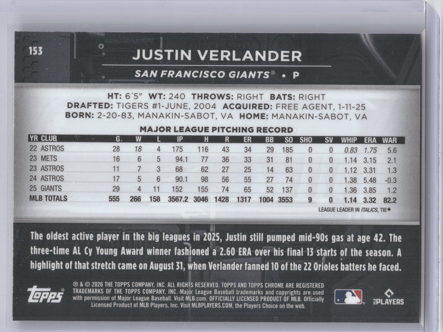 2026 Topps Chrome Black Justin Verlander #153 Rose Gold Wave 08/10