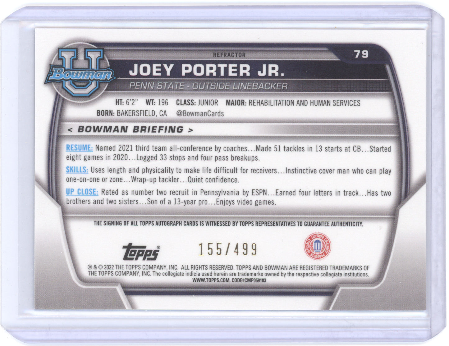2022 Bowman University Autograph Joey Porter Jr #79 Refractor 155/499 1st Bowman