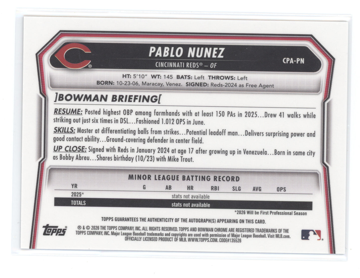2026 Bowman Chrome Prospect Autograph Pablo Nunez #CPA-PN Gold Shimmer 36/50