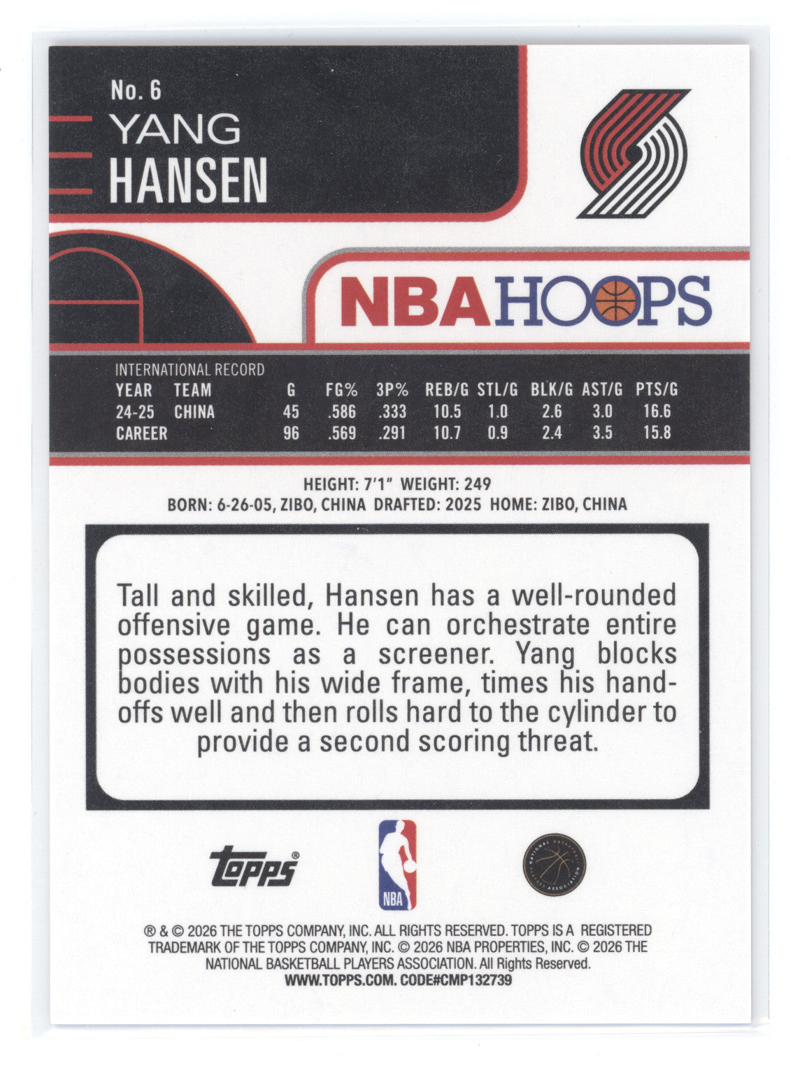 2025 Topps NBA Hoops Yang Hansen #6 Light Burst Red 3/5 RC