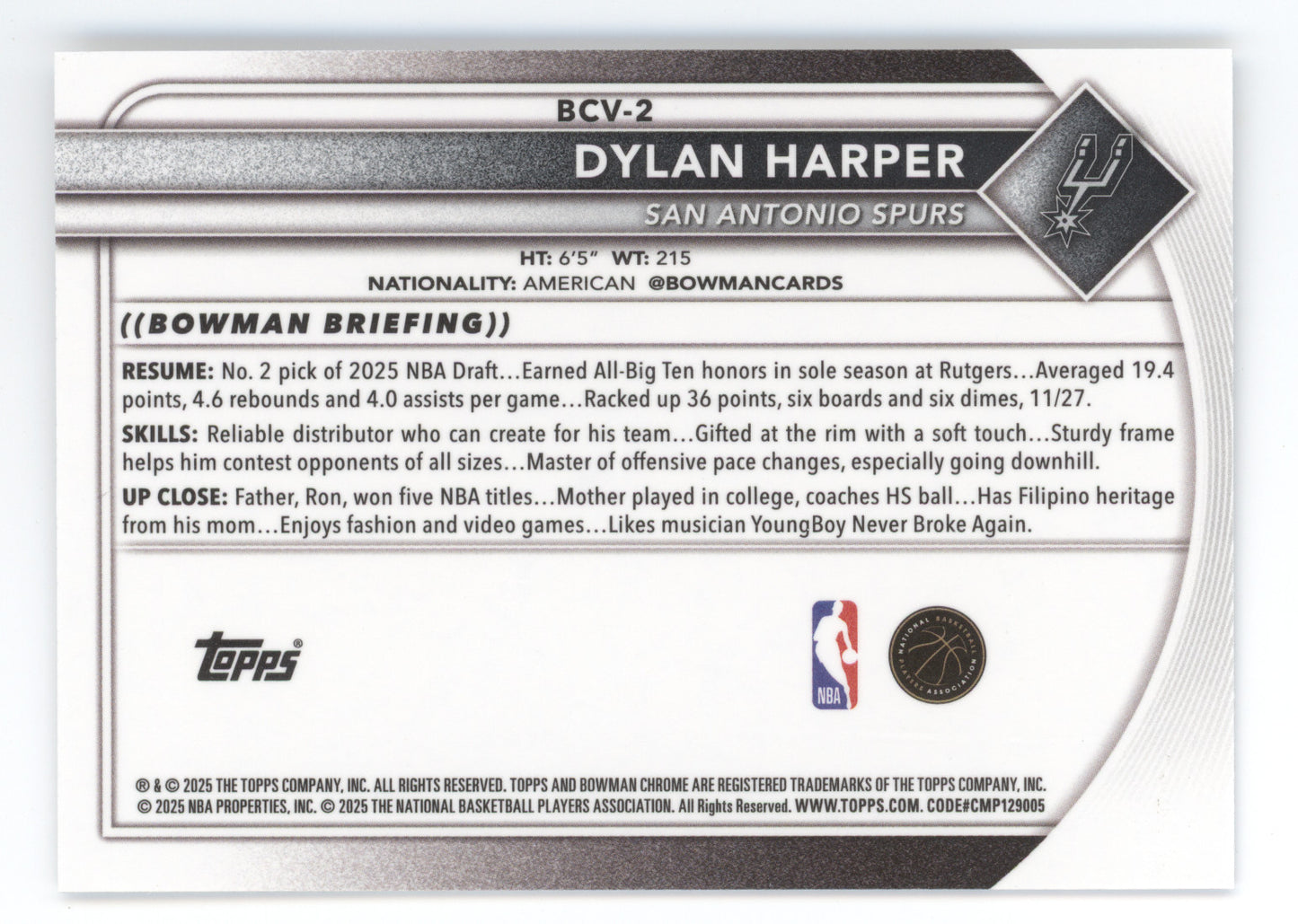 2025 Bowman Chrome Dylan Harper #BCV-2 Fuchsia RC 11/27.