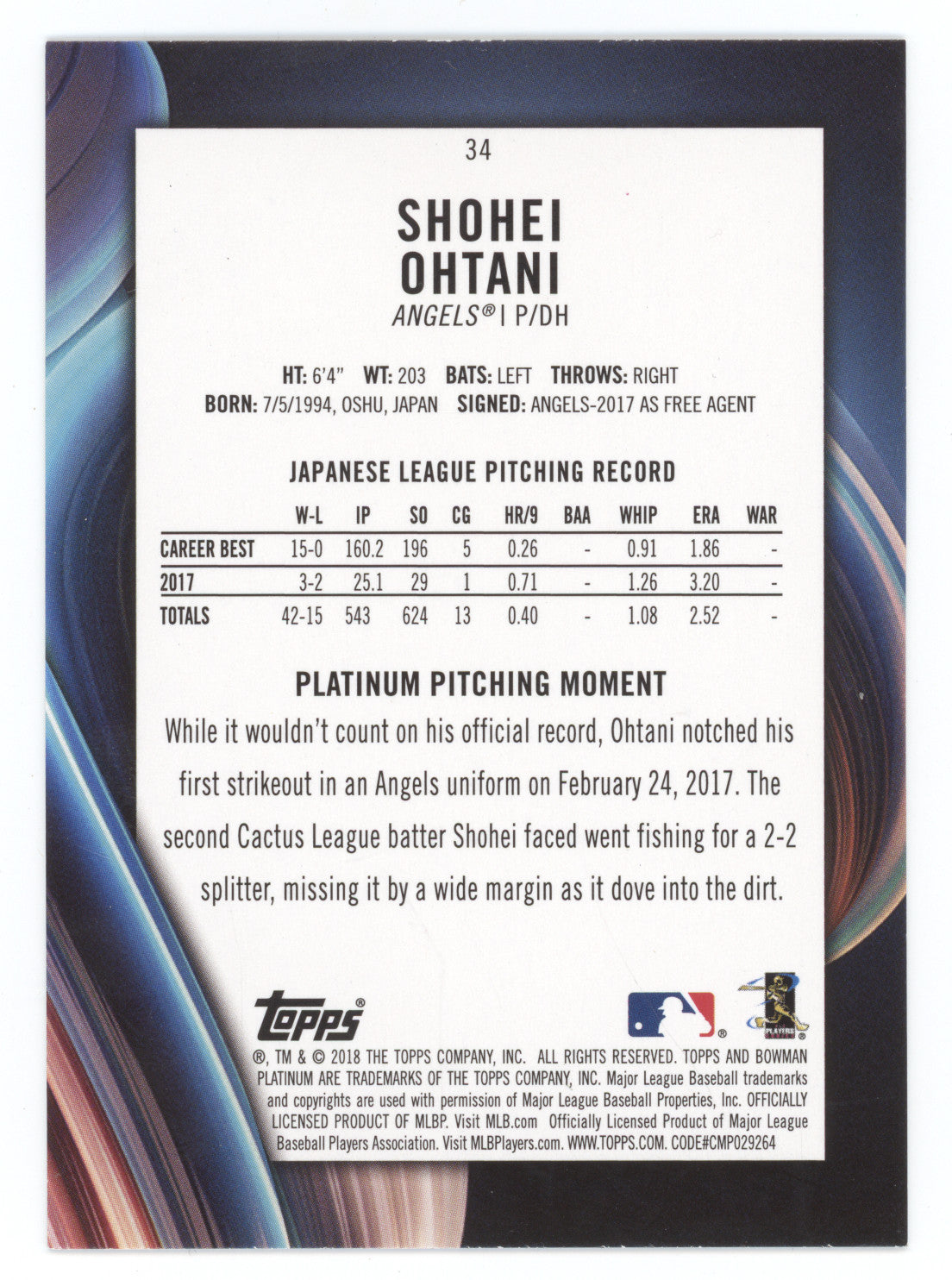 2018 Bowman Platinum Shohei Ohtani #34 RC