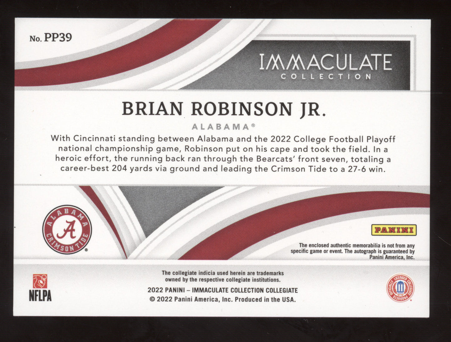 2022 Panini Immaculate Collegiate Brian Robinson Jr. #PP39 Gold Patch Auto 01/10
