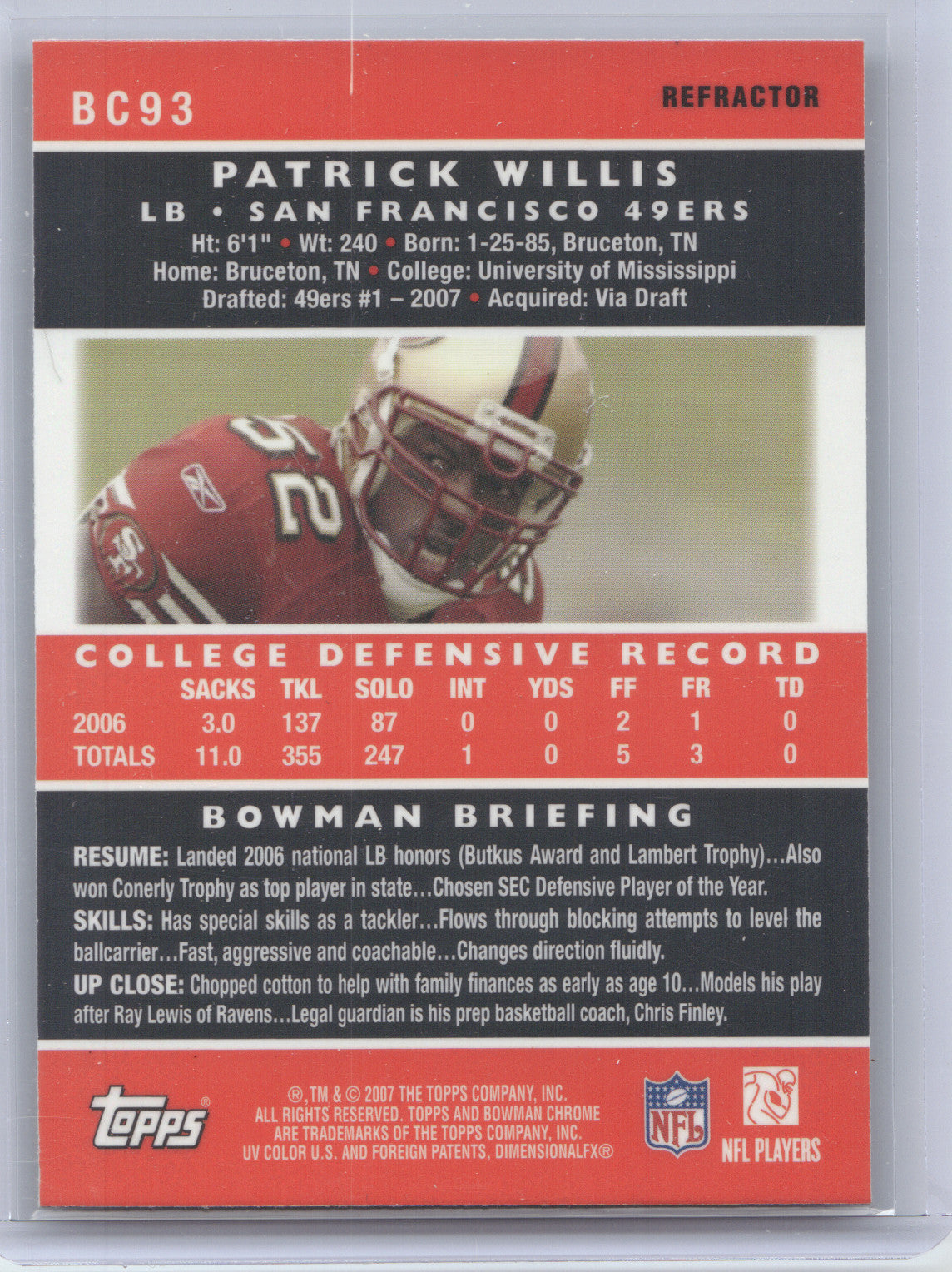 2007 Bowman Chrome Patrick Willis #BC93 Refractor RC