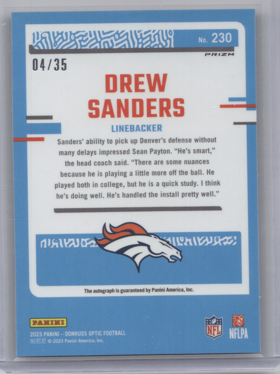 2023 Donruss Optic Rated Rookie Drew Sanders #230 Purple Autograph 04/35