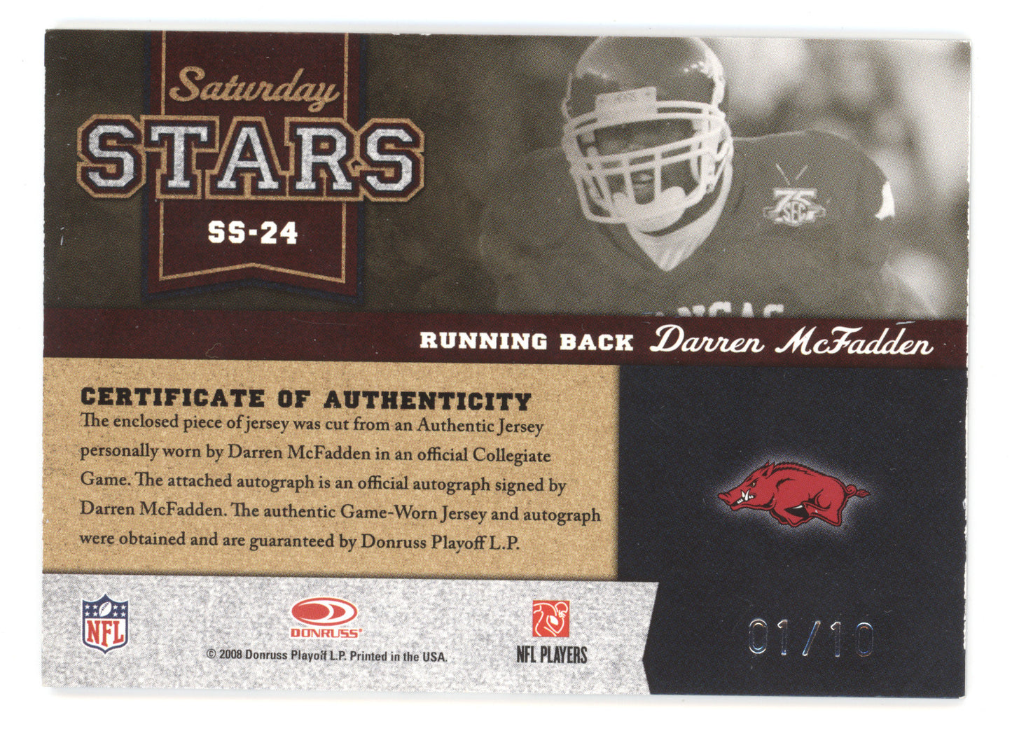 2008 Donruss Classics Saturday Stars Darren McFadden #24 01/10 Game-Worn Jersey