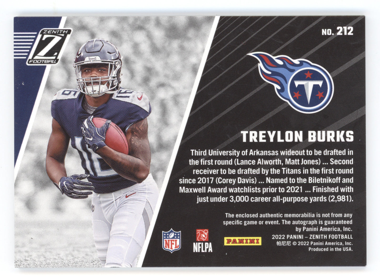 2022 Panini Zenith Football Treylon Burks #212 Sparkle Patch Auto RC 37/50