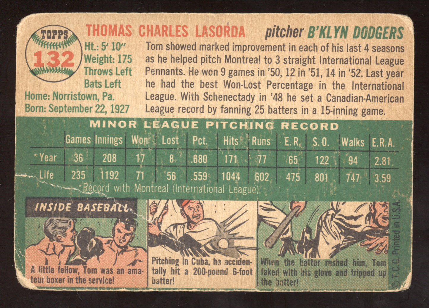 1954 Topps Tom Lasorda #132
